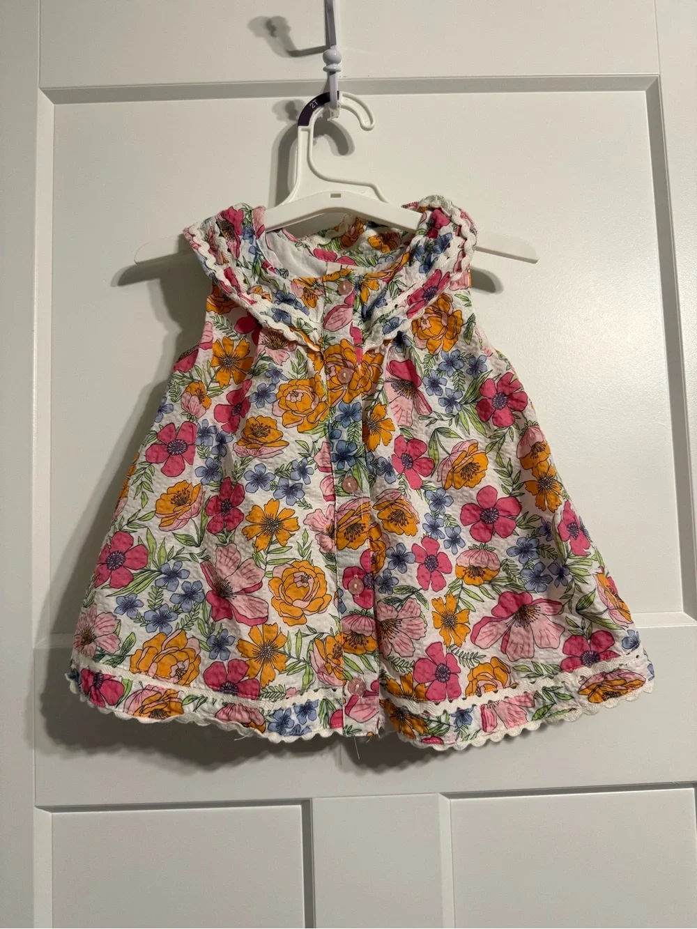 Girls Floral Ruffle Sundress in White with Pink & Orange Blooms 100% cotton